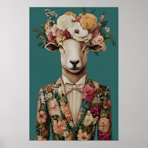Póster de oveja con traje, retrato de oveja, óleo