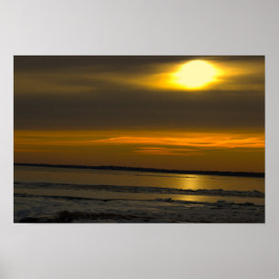Póster de paisaje acuático de puesta de sol invern