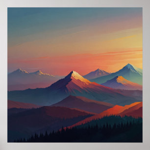 Póster de paisaje de acuarela de montaña
