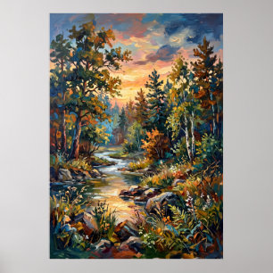 Póster de paisaje de arroyo en bosque al atardecer