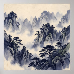 Póster de paisaje de montaña con tinta azul