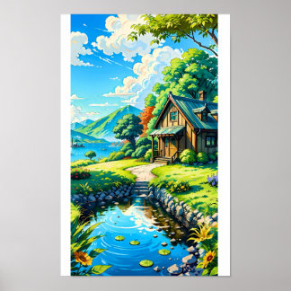 Póster de paisaje de naturaleza de anime vibrante 