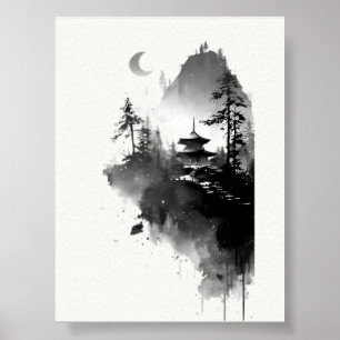 Póster de paisaje de pagoda zen con tinta japonesa