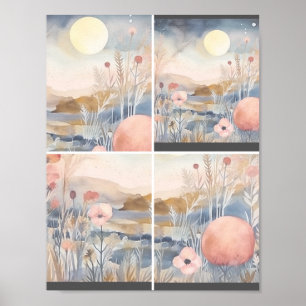 Póster de paisaje floral con luna 1 de 2