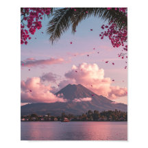 Póster de paisaje floral de puesta de sol en monta