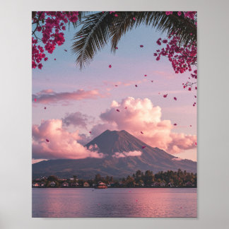 Póster de paisaje floral de puesta de sol en monta