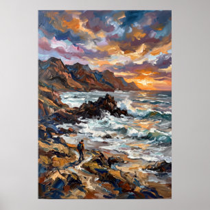 Póster de paisaje marino al atardecer en costa roc