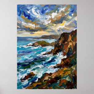Póster de paisaje marino de costa rocosa azul