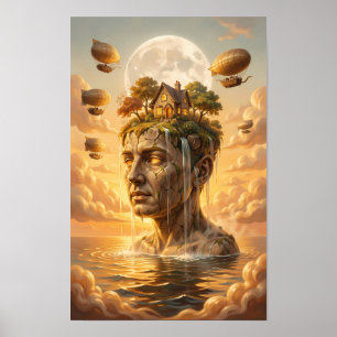 Póster de paisaje mental iluminado por la luna de