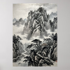 Póster de paisaje montañoso de tinta china | Asia