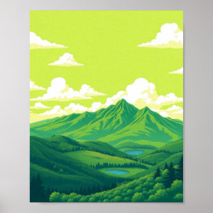 Póster de paisaje montañoso retro rojo azul