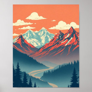 Póster de paisaje montañoso retro rojo azul