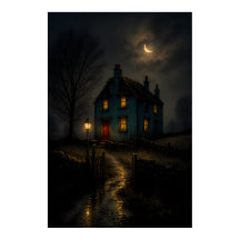 Póster de paisaje nocturno de cabaña gótica melanc