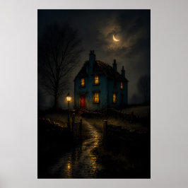 Póster de paisaje nocturno de cabaña gótica melanc