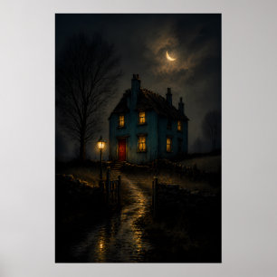 Póster de paisaje nocturno de cabaña gótica melanc