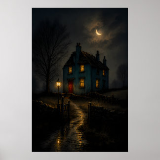 Póster de paisaje nocturno de cabaña gótica melanc
