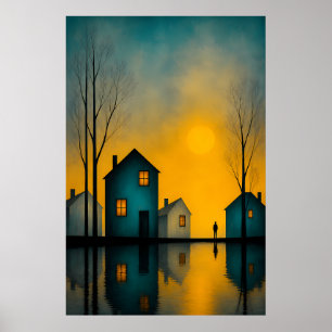 Póster de paisaje surrealista melancólico con figu