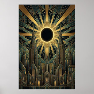 Póster de paisaje urbano del Sol Negro Art Deco