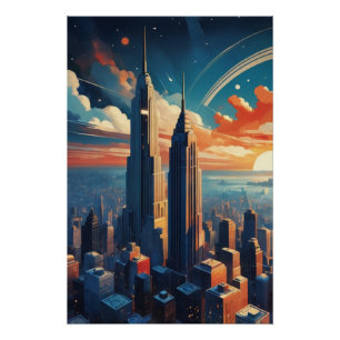 Póster de paisaje urbano futurista al amanecer