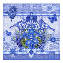 Póster de pájaros y jaula de pájaros de porcelana