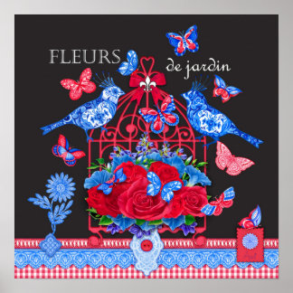 Póster de pájaros y jaula de porcelana Fleur de 16