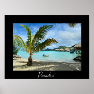 Póster de palmera y resort sobre el agua con borde