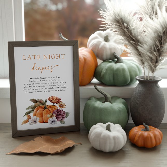 Póster de pañal de noche de otoño (Late Night Diapers Game Sign Baby Shower Fall Pumpkins)