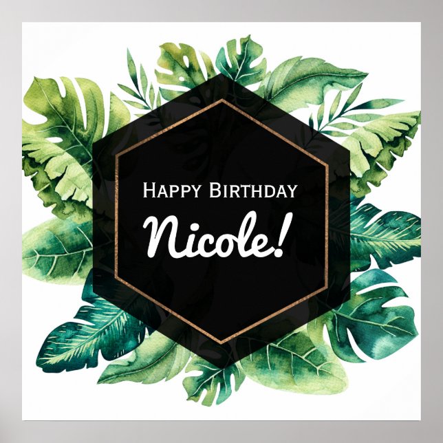 Póster de pancarta de boda negra con hojas tropica (Frente)