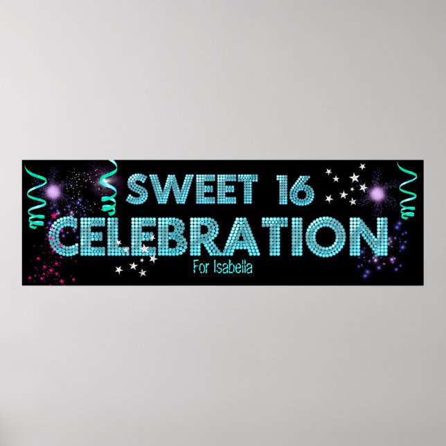 Póster de pancarta de Sweet 16 azul teal (Frente)