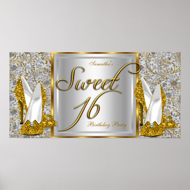 Póster de pancarta de Sweet 16 dorado plateado (Frente)