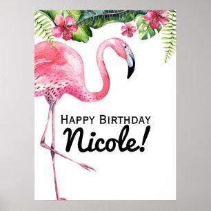 Póster de pancarta tropical de flamenco rosa e hib