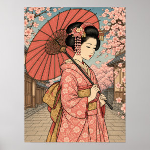 Póster de paraguas de flor de cerezo Maiko japonés