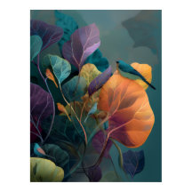 Póster de pared botánico de pájaros naranja púrpur