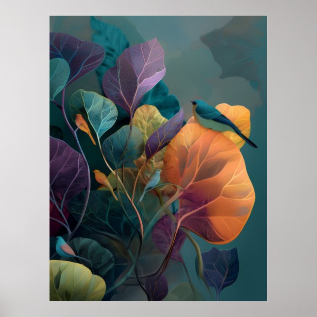 Póster de pared botánico de pájaros naranja púrpur (Frente)