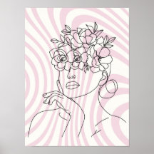 Póster de pared de arte de línea de mujer floral,