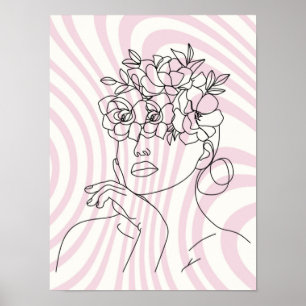 Póster de pared de arte de línea de mujer floral,