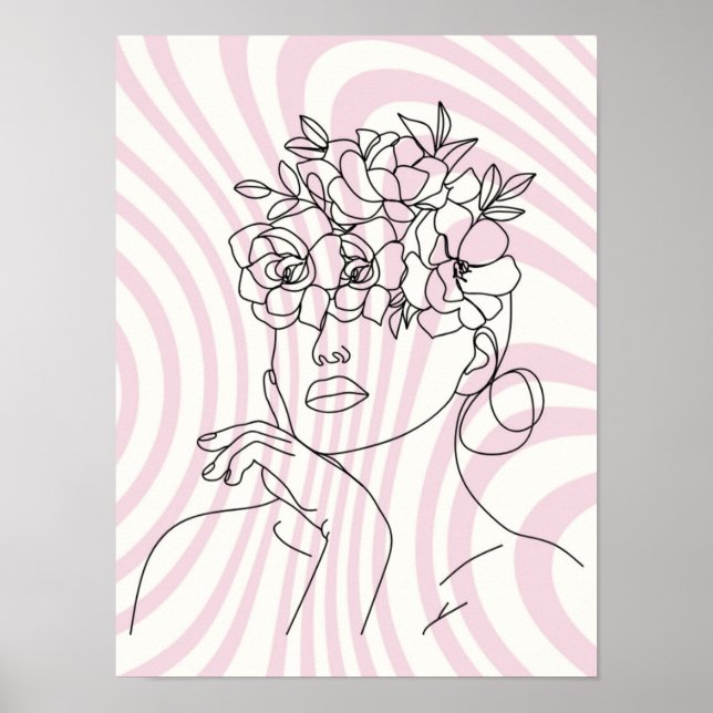 Póster de pared de arte de línea de mujer floral,  (Frente)