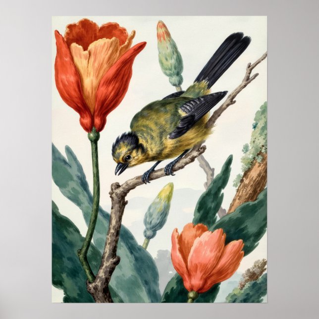 Póster de pared de aves y flores botánicas folk vi (Frente)