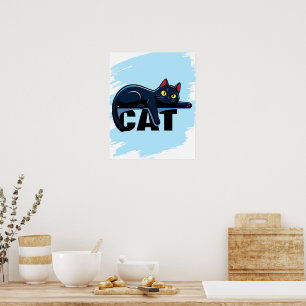 Póster de pared de gato negro lindo con salpicadur