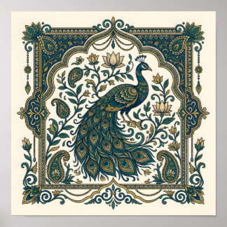 Póster de pared de loto de cachemira de pavo real 