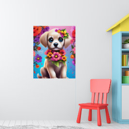 Póster de pared infantil de cachorro y flores colo