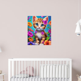 Póster de pared infantil de gatito y flores colori