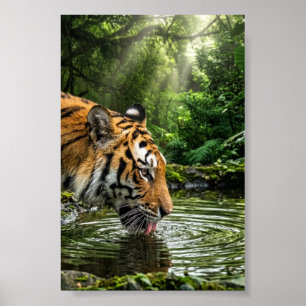 Póster de pared mate de tigre en piscina de selva