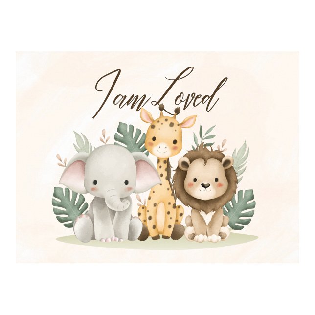 Póster de pared para nursery Safari edificante Yo  (Uplifting Safari nursery wall poster I am Loved)