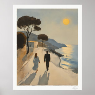 Póster de Pareja Caminando por el Mar al Atardecer