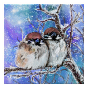 Póster de Pareja de Gorriones en Invierno - Pintur