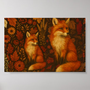 Póster de pareja de zorros vintage de otoño