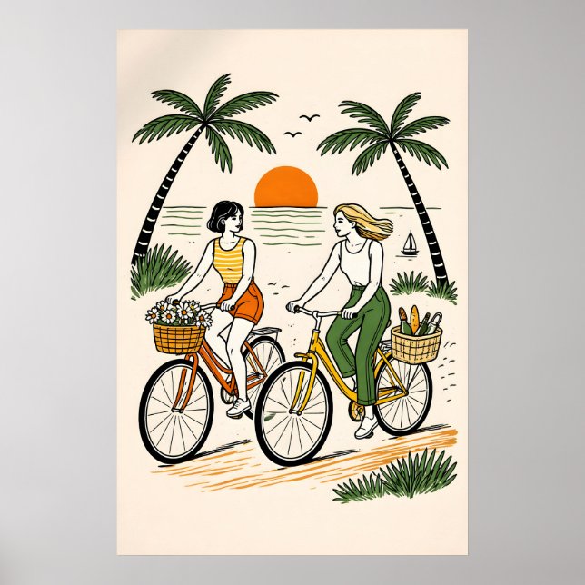 Póster de pareja en bicicleta de playa retro, cost (Frente)