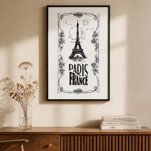 Póster de París Francia en negro sobre blanco