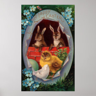 Póster de Pascua de conejitos y pollitos